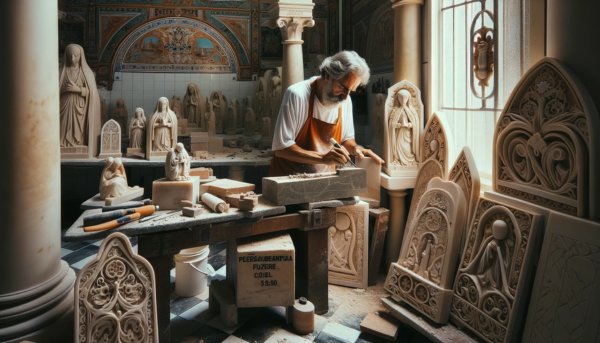 Un marmolista, hombre o mujer, trabajando en su taller bajo una luz clara y natural, tallando una lápida funeraria para un nicho. El taller está lleno de lápidas terminadas con diversos motivos, tanto religiosos como laicos. Detalles en el taller insinúan una ubicación en Zahara de la Sierra, Provincia de Cádiz, como herramientas o elementos de decoración tradicionales de la región. La luz que entra al taller sugiere la claridad y la atmósfera de la serranía de Cádiz. La imagen debe ser nítida y en alta definición, capturando la esencia del trabajo artesanal en un entorno característico de la región.