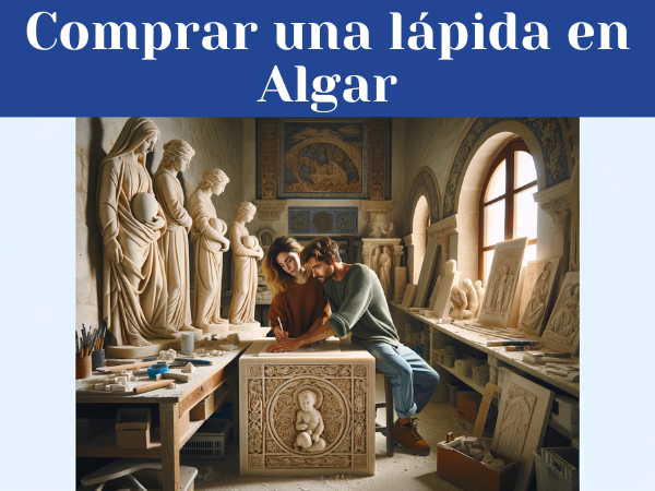 Una pareja de atractivos marmolistas, un hombre y una mujer, están concentrados trabajando en su taller bien iluminado, esculpiendo una lápida para un nicho funerario. El espacio es amplio y lleno de luz, mostrando varios detalles que reflejan una atmósfera clara y definida. Alrededor de la pareja, hay lápidas ya terminadas con una variedad de motivos, tanto religiosos como seculares. Elementos decorativos del taller como azulejos, herramientas y un entorno que recuerde a Algar en la Provincia de Cádiz, como una ventana que dé a paisajes de la región, sugieren sutilmente la ubicación del taller.