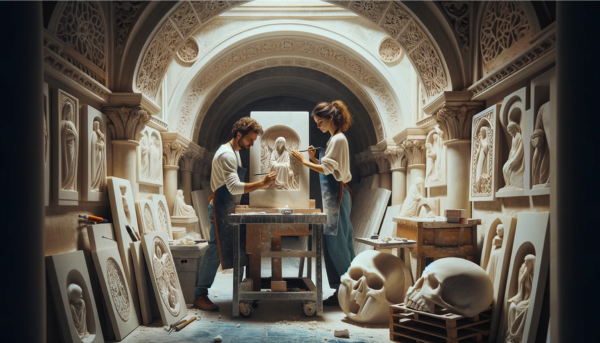 Una pareja de atractivos marmolistas, un hombre y una mujer, están concentrados trabajando en su taller bien iluminado, esculpiendo una lápida para un nicho funerario. El espacio es amplio y lleno de luz, mostrando varios detalles que reflejan una atmósfera clara y definida. Alrededor de la pareja, hay lápidas ya terminadas con una variedad de motivos, tanto religiosos como seculares. Elementos decorativos del taller como azulejos, herramientas y un entorno que recuerde a Algar en la Provincia de Cádiz, como una ventana que dé a paisajes de la región, sugieren sutilmente la ubicación del taller.