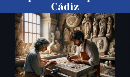 Una pareja caucásica de marmolistas atractivos, un hombre y una mujer, trabajando en su taller bien iluminado, tallando una lápida para un nicho funerario. El taller debe tener claridad y estar iluminado con luz natural, evitando cualquier penumbra. Debe estar lleno de lápidas ya terminadas con una variedad de motivos, tanto religiosos como no religiosos. Elementos en el fondo del taller y su decoración deben sugerir sutilmente que se encuentra en Cádiz, Provincia de Cádiz, como podría ser una ventana que ofrezca vistas de la ciudad o azulejos andaluces. La imagen debe ser en alta definición, capturando los detalles de la habilidad artística y la estética del entorno.