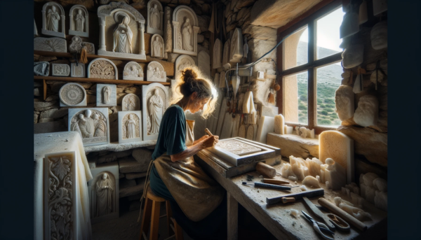 Una marmolista mujer en su taller, iluminado con luz natural y clara, tallando cuidadosamente una lápida funeraria para un nicho. El taller está repleto de lápidas terminadas con una variedad de motivos, algunos religiosos y otros laicos. El ambiente refleja la atmósfera rústica y artesanal de Puerto Serrano en la Provincia de Cádiz, con herramientas tradicionales de marmolería y posibles vistas al paisaje local a través de una ventana o puerta abierta. La escena transmite un sentido de tradición y habilidad artesanal.