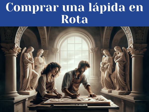 Una pareja atractiva de marmolistas de aspecto caucásico, un hombre y una mujer, trabajando juntos en su taller bajo una luz clara y brillante. Están tallando una lápida para un nicho funerario. El taller está repleto de lápidas ya completadas, con una variedad de motivos tanto religiosos como no religiosos. Se incluyen detalles que evocan Rota, en la Provincia de Cádiz, como elementos de diseño locales o una ventana que ofrece una sutil vista de la arquitectura o paisajes de la región. La imagen es en alta definición, con una iluminación que asegura que no haya penumbra, destacando la belleza del artesanado y del entorno.