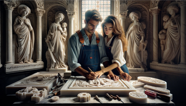 Una pareja atractiva de marmolistas de aspecto caucásico, un hombre y una mujer, trabajando juntos en su taller bajo una luz clara y brillante. Están tallando una lápida para un nicho funerario. El taller está repleto de lápidas ya completadas, con una variedad de motivos tanto religiosos como no religiosos. Se incluyen detalles que evocan Rota, en la Provincia de Cádiz, como elementos de diseño locales o una ventana que ofrece una sutil vista de la arquitectura o paisajes de la región. La imagen es en alta definición, con una iluminación que asegura que no haya penumbra, destacando la belleza del artesanado y del entorno.