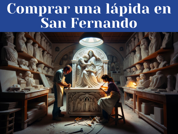 Una pareja de atractivos marmolistas caucásicos, un hombre y una mujer, trabajando en su taller iluminado con luz brillante y clara, tallando una lápida para un nicho funerario. El espacio es amplio y bien iluminado, mostrando lápidas ya terminadas con una variedad de motivos, tanto religiosos como no religiosos. El entorno del taller presenta detalles que lo ubican en San Fernando, Provincia de Cádiz, como elementos decorativos o arquitectónicos característicos de la zona. La imagen es nítida y en alta definición, con una atmósfera de trabajo artesanal y atención al detalle.