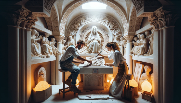 Una pareja de atractivos marmolistas caucásicos, un hombre y una mujer, trabajando en su taller iluminado con luz brillante y clara, tallando una lápida para un nicho funerario. El espacio es amplio y bien iluminado, mostrando lápidas ya terminadas con una variedad de motivos, tanto religiosos como no religiosos. El entorno del taller presenta detalles que lo ubican en San Fernando, Provincia de Cádiz, como elementos decorativos o arquitectónicos característicos de la zona. La imagen es nítida y en alta definición, con una atmósfera de trabajo artesanal y atención al detalle.