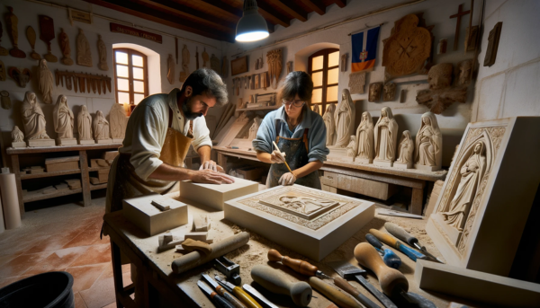 Dos marmolistas, un hombre y una mujer, trabajando juntos en su taller bien iluminado, en el proceso de hacer una lápida funeraria para un nicho. El taller está repleto de lápidas ya terminadas, algunas con motivos religiosos y otras con diseños no religiosos. El estilo del taller y las herramientas reflejan un ambiente rural y tradicional de San Martín del Tesorillo, en la provincia de Cádiz, España. Hay sutiles indicaciones del lugar, como una bandera o un símbolo distintivo de la región visible en el fondo, y la luz es clara y brillante, con la calidad de la luz natural del sur de España.