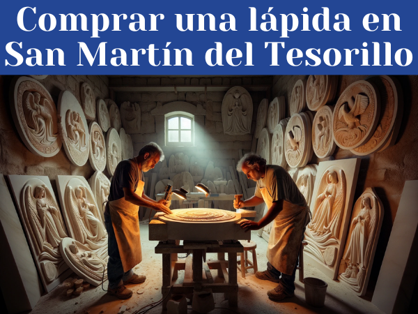 Dos marmolistas, un hombre y una mujer, trabajando juntos en su taller bien iluminado, en el proceso de hacer una lápida funeraria para un nicho. El taller está repleto de lápidas ya terminadas, algunas con motivos religiosos y otras con diseños no religiosos. El estilo del taller y las herramientas reflejan un ambiente rural y tradicional de San Martín del Tesorillo, en la provincia de Cádiz, España. Hay sutiles indicaciones del lugar, como una bandera o un símbolo distintivo de la región visible en el fondo, y la luz es clara y brillante, con la calidad de la luz natural del sur de España.