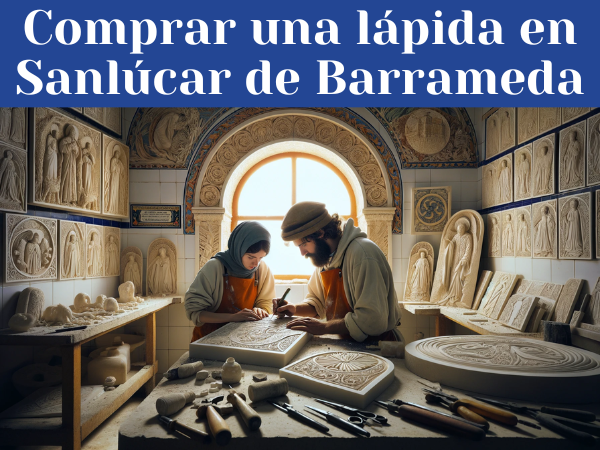 Dos marmolistas, un hombre y una mujer, en un taller luminoso y en alta definición, trabajando juntos en la creación de una lápida funeraria para un nicho. El taller está repleto de lápidas ya terminadas, algunas con motivos religiosos y otras con diseños seculares. El espacio refleja la cultura y el ambiente de Sanlúcar de Barrameda, en la Provincia de Cádiz, con elementos distintivos como herramientas de talla tradicional, azulejos andaluces, y posiblemente una ventana que muestre el paisaje local o la arquitectura característica de la región. La imagen transmite una sensación de artesanía y cuidado en el oficio, bajo una luz clara que llena el espacio de trabajo.