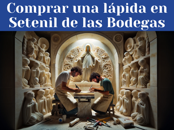 Dos marmolistas, un hombre y una mujer, en un taller iluminado con luz natural, trabajando juntos en la creación de una lápida funeraria para un nicho. El taller está repleto de lápidas ya completadas, algunas con motivos religiosos y otras con diseños no religiosos. El estilo del taller y las herramientas reflejan la artesanía tradicional. Alrededor hay indicios sutiles que evocan Setenil de las Bodegas en la Provincia de Cádiz, como rocas o formaciones geológicas características de la región, y elementos de la cultura local. La imagen tiene una calidad de alta definición y la atmósfera es de concentración y habilidad artesanal.