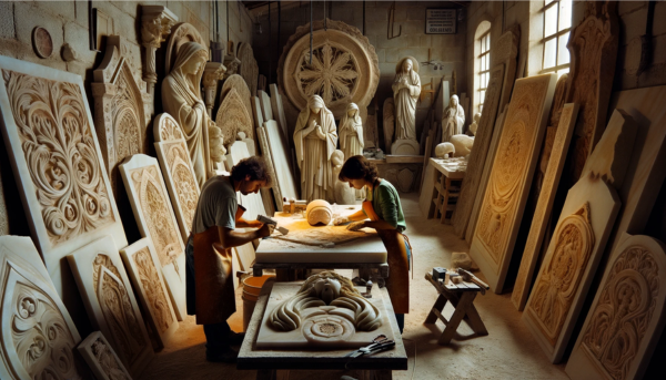 Dos marmolistas, un hombre y una mujer, en un taller iluminado con luz natural, trabajando juntos en la creación de una lápida funeraria para un nicho. El taller está repleto de lápidas ya completadas, algunas con motivos religiosos y otras con diseños no religiosos. El estilo del taller y las herramientas reflejan la artesanía tradicional. Alrededor hay indicios sutiles que evocan Setenil de las Bodegas en la Provincia de Cádiz, como rocas o formaciones geológicas características de la región, y elementos de la cultura local. La imagen tiene una calidad de alta definición y la atmósfera es de concentración y habilidad artesanal.