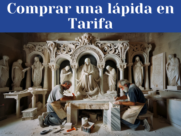 Dos marmolistas, un hombre y una mujer, trabajando juntos en un taller bien iluminado y espacioso, tallando una lápida funeraria para un nicho. Alrededor del taller se observan lápidas ya terminadas, algunas con motivos religiosos y otras con diseños no religiosos. Se aprecian detalles que sugieren que el taller se encuentra en Tarifa, Provincia de Cádiz, como pequeños objetos o elementos decorativos que hacen referencia a la cultura y arquitectura local. La imagen es clara y nítida, con una calidad HD que captura la textura del mármol y la habilidad de los artesanos.