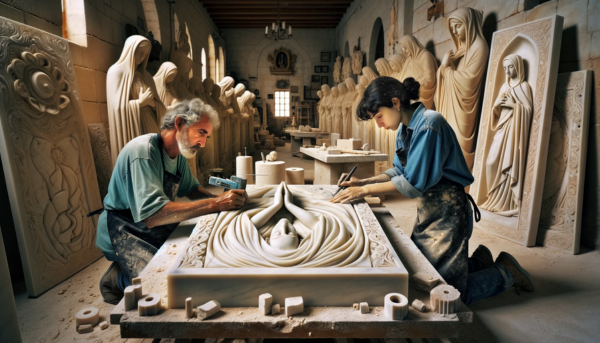 Dos marmolistas, un hombre y una mujer, trabajando juntos en un taller bien iluminado y espacioso, tallando una lápida funeraria para un nicho. Alrededor del taller se observan lápidas ya terminadas, algunas con motivos religiosos y otras con diseños no religiosos. Se aprecian detalles que sugieren que el taller se encuentra en Tarifa, Provincia de Cádiz, como pequeños objetos o elementos decorativos que hacen referencia a la cultura y arquitectura local. La imagen es clara y nítida, con una calidad HD que captura la textura del mármol y la habilidad de los artesanos.