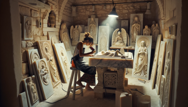 Una marmolista mujer trabajando en su taller iluminado en alta definición, tallando una lápida funeraria para un nicho. En el taller se observan otras lápidas ya terminadas, algunas con motivos religiosos y otras sin ellos. El ambiente sugiere que el taller se encuentra en Torre Alháquime, Provincia de Cádiz, con elementos característicos de la zona como pequeñas referencias a la arquitectura local y detalles andaluces. La iluminación es clara, destacando el meticuloso trabajo de la marmolista y la belleza del mármol.