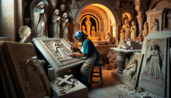 Una marmolista mujer, en su taller iluminado y espacioso, trabajando en la creación de una lápida funeraria para un nicho. La escena está bien iluminada con luz natural. A su alrededor hay lápidas ya completadas, algunas con cruces y otras con diseños no religiosos, mostrando la diversidad de su trabajo. El taller tiene toques que sugieren que se encuentra en Trebujena, Provincia de Cádiz, como una pequeña bandera o algún símbolo distintivo de Andalucía, y detalles en la decoración que recuerdan a la región. La calidad de la imagen es en alta definición, con una atención cuidadosa a los detalles del trabajo de la marmolista y la textura del mármol.