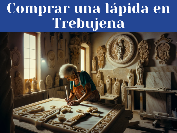 Una marmolista mujer, en su taller iluminado y espacioso, trabajando en la creación de una lápida funeraria para un nicho. La escena está bien iluminada con luz natural. A su alrededor hay lápidas ya completadas, algunas con cruces y otras con diseños no religiosos, mostrando la diversidad de su trabajo. El taller tiene toques que sugieren que se encuentra en Trebujena, Provincia de Cádiz, como una pequeña bandera o algún símbolo distintivo de Andalucía, y detalles en la decoración que recuerdan a la región. La calidad de la imagen es en alta definición, con una atención cuidadosa a los detalles del trabajo de la marmolista y la textura del mármol.