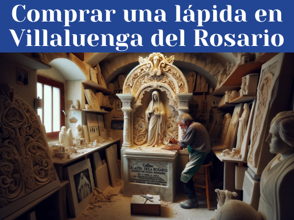 Un marmolista, ya sea hombre o mujer, está trabajando en su taller iluminado de manera clara, esculpiendo cuidadosamente una lápida funeraria para un nicho. Alrededor, se observan lápidas ya terminadas con diversos diseños, algunos con motivos religiosos y otros seculares. El taller está imbuido de elementos que sugieren la localidad de Villaluenga del Rosario en la provincia de Cádiz, como pequeñas maquetas de las casas blancas típicas de la región y fotos del paisaje local. La atmósfera del taller es seria y respetuosa, reflejando la solemnidad del arte funerario.