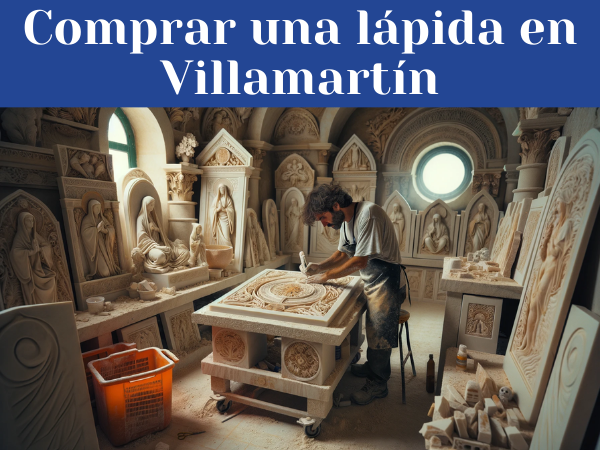 Un marmolista, ya sea hombre o mujer, trabajando en su taller bien iluminado, creando una lápida funeraria para un nicho. El taller está repleto de lápidas ya completadas, algunas con motivos religiosos y otras sin ellos. Se perciben elementos que insinúan la ubicación del taller en Villamartín, Provincia de Cádiz, como herramientas de marmolería típicas de la región y posibles referencias discretas a la arquitectura o la flora local. La imagen es de alta definición, con colores vivos y detalles nítidos que reflejan un ambiente de trabajo artesanal y meticuloso.