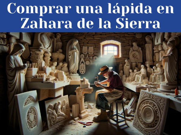 Un marmolista, hombre o mujer, trabajando en su taller bajo una luz clara y natural, tallando una lápida funeraria para un nicho. El taller está lleno de lápidas terminadas con diversos motivos, tanto religiosos como laicos. Detalles en el taller insinúan una ubicación en Zahara de la Sierra, Provincia de Cádiz, como herramientas o elementos de decoración tradicionales de la región. La luz que entra al taller sugiere la claridad y la atmósfera de la serranía de Cádiz. La imagen debe ser nítida y en alta definición, capturando la esencia del trabajo artesanal en un entorno característico de la región.