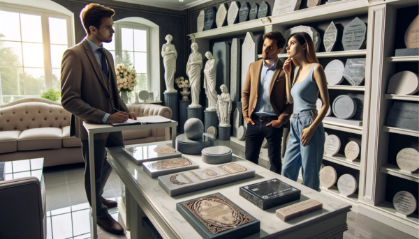 Imagen panorámica de un joven matrimonio eligiendo una lápida para un nicho, en el despacho de un artesano del mármol especializado en lápidas. El escenario es una sala de exposiciones decorada con gusto, que refleja un ambiente sereno y respetuoso. La pareja, de aspecto contemplativo pero sereno, examina varios diseños de lápidas, materiales e inscripciones expuestos en la sala. El artesano, una figura experta y empática, les guía, mostrándoles muestras y explicándoles el significado de los distintos estilos. El ambiente es de tranquila deliberación, con la sala repleta de ejemplos de elegantes lápidas de mármol y granito. https://www.ventadelapidas.es/