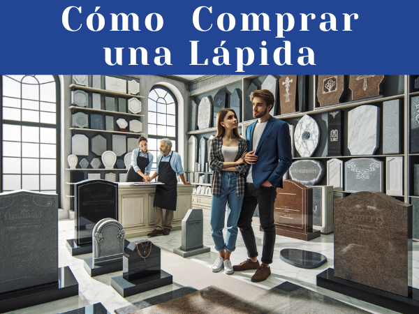 Imagen panorámica de un joven matrimonio eligiendo una lápida para un nicho, en el despacho de un artesano del mármol especializado en lápidas. El escenario es una sala de exposiciones decorada con gusto, que refleja un ambiente sereno y respetuoso. La pareja, de aspecto contemplativo pero sereno, examina varios diseños de lápidas, materiales e inscripciones expuestos en la sala. El artesano, una figura experta y empática, les guía, mostrándoles muestras y explicándoles el significado de los distintos estilos. El ambiente es de tranquila deliberación, con la sala repleta de ejemplos de elegantes lápidas de mármol y granito. https://www.ventadelapidas.es/