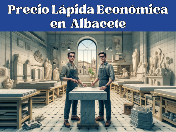 Amplia imagen de un taller de mármol en Albacete, España, centrado en la creación de lápidas funerarias. En la escena aparecen dos atractivos operarios de taller, vestidos con traje de trabajo típico de la región (sin gafas). El taller está lleno de losas de mármol y herramientas para tallar piedra, creando una atmósfera realista y profesional. Detalles sutiles, como una pequeña maqueta del característico cuchillo albaceteño o la arquitectura local visible a través de una ventana, evocan la esencia de la ciudad. La escena también incorpora sutilmente la URL https://www.ventadelapidas.es/ en fuente estilo español, mezclándose naturalmente con el ambiente del taller.