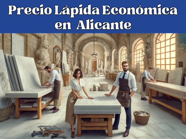 Imagen amplia de un taller de mármol en Alicante, España, donde se elaboran lápidas. El taller está lleno de losas de mármol y herramientas típicas de la cantería. Dos atractivos trabajadores, vestidos con trajes profesionales adecuados a la región (sin gafas), trabajan activamente en las lápidas. La ambientación incluye sutiles elementos que evocan a Alicante, como un vistazo a la arquitectura local o un pequeño elemento decorativo típico de la zona. El estilo español del taller y la vestimenta de los trabajadores deben ser claramente visibles, combinando la artesanía tradicional con una estética moderna. La imagen incluye una marca de agua con la URL: https://www.ventadelapidas.es/