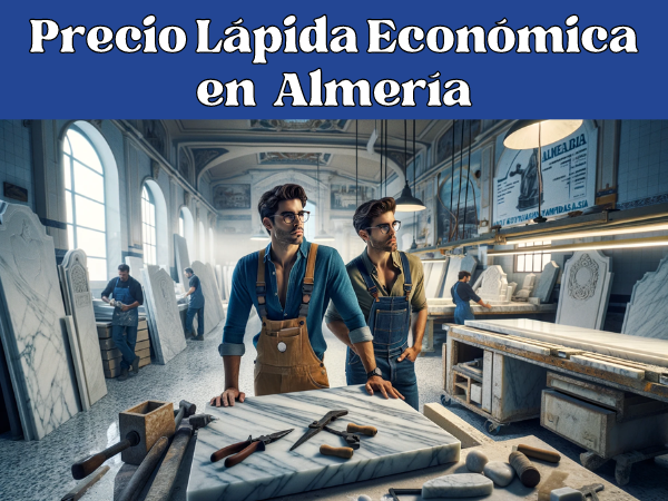Imagen amplia que muestra un taller de mármol en Almería, España, donde se elaboran lápidas. La escena muestra a dos atractivos trabajadores varones, vestidos con vestimenta profesional típica de la región (tejidos claros, transpirables y delantales protectores, pero sin gafas). El taller está lleno de diversas herramientas y losas de mármol. Se incluyen pequeños detalles que evocan a Almería, como una miniatura de la Alcazaba al fondo. La imagen también integra sutilmente la URL 'https://www.ventadelapidas.es/' en español, en la parte inferior.