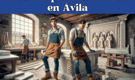 Una imagen de formato amplio que muestra un taller de mármol en Ávila, España, donde atractivos trabajadores elaboran lápidas funerarias. La escena muestra a dos jóvenes trabajadores, vestidos con el traje típico de cantero adecuado a la zona geográfica, como botas resistentes y delantales protectores, pero sin gafas. El taller está lleno de herramientas y piezas de mármol. Al fondo, un sutil detalle, como una réplica de la Muralla de Ávila, evoca la ciudad. Esta imagen pretende capturar la esencia de un taller de mármol tradicional español.