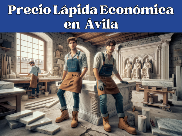 Una imagen de formato amplio que muestra un taller de mármol en Ávila, España, donde atractivos trabajadores elaboran lápidas funerarias. La escena muestra a dos jóvenes trabajadores, vestidos con el traje típico de cantero adecuado a la zona geográfica, como botas resistentes y delantales protectores, pero sin gafas. El taller está lleno de herramientas y piezas de mármol. Al fondo, un sutil detalle, como una réplica de la Muralla de Ávila, evoca la ciudad. Esta imagen pretende capturar la esencia de un taller de mármol tradicional español.