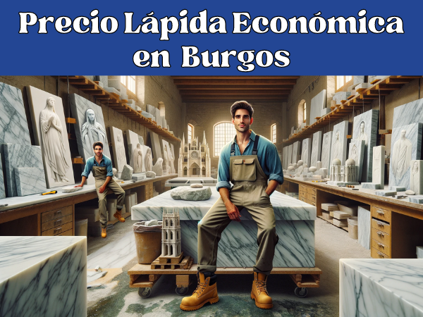 Imagen amplia de un taller de mármol en Burgos, España, donde atractivos trabajadores elaboran lápidas. La escena muestra a dos trabajadores varones, vestidos con el traje profesional típico de la región, como ropa de trabajo resistente y botas de seguridad, pero sin gafas. El taller está lleno de grandes losas de mármol y diversas herramientas para trabajar la piedra. Detalles sutiles evocan la ciudad de Burgos, como una pequeña réplica de la Catedral de Burgos visible en una estantería. Incluye una descripción en texto en español dentro de la imagen que diga: 'Taller de marmolistas en Burgos - https://www.ventadelapidas.es/'
