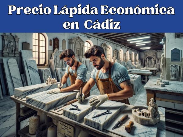 Imagen amplia de un taller de mármol en Cádiz, España, donde se elaboran lápidas. El taller está lleno de grandes losas de mármol y herramientas tradicionales. Dos atractivos trabajadores varones, vestidos con trajes de trabajo típicos de la región pero sin gafas, participan activamente en la escultura de las lápidas. La ambientación incluye sutiles toques gaditanos, como una pequeña réplica de la Catedral de Cádiz sutilmente colocada sobre una estantería. El ambiente es ajetreado pero artístico, y captura la esencia de esta artesanía única. La imagen incluye la URL: https://www.ventadelapidas.es/ de forma sutil como parte de la descripción de la escena.