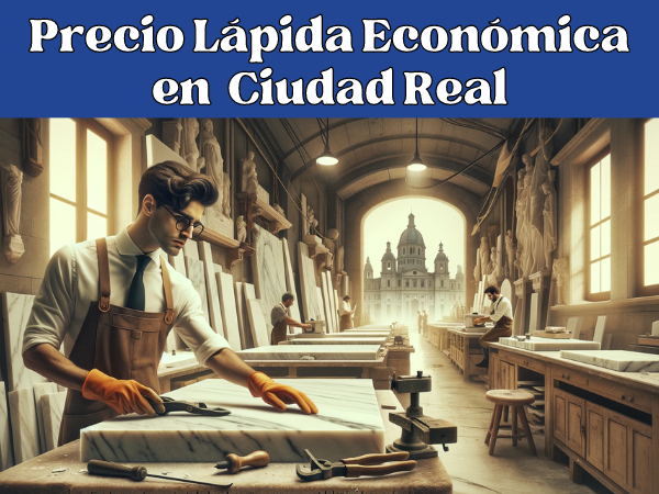 Imagen amplia de un taller de mármol en Ciudad Real, España, donde atractivos trabajadores elaboran lápidas. La escena muestra a dos trabajadores, vestidos con ropa profesional adecuada a la región (sin gafas), trabajando activamente en losas de mármol. El taller está lleno de herramientas típicas de la elaboración del mármol. Para evocar a Ciudad Real, incluye un pequeño detalle como la silueta de los edificios característicos de la ciudad al fondo. La imagen transmite un sentido de artesanía y dedicación local. La URL 'https://www.ventadelapidas.es/' aparece en una letra elegante en la esquina inferior, realzando el ambiente en español.