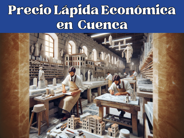 Una imagen de formato amplio que muestra un taller de mármol en Cuenca, España, donde se elaboran lápidas. La escena muestra a dos atractivos trabajadores varones, vestidos con el traje típico de su profesión y sin gafas, trabajando activamente en las piezas de mármol. El taller está lleno de herramientas y losas de mármol, lo que desprende una atmósfera auténticamente artesanal. Se incluye un sutil detalle, como una miniatura de las famosas Casas Colgadas de Cuenca, para evocar la ciudad. La imagen se siente trabajadora y culturalmente basada, capturando la esencia de un taller de mármol tradicional español.