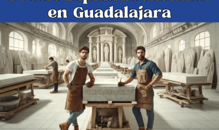 Imagen amplia de un taller de mármol en Guadalajara, España, donde se elaboran lápidas. El taller es espacioso y está lleno de grandes losas de mármol y diversas herramientas de escultura. Dos atractivos trabajadores varones, vestidos con el traje de trabajo típico de la región (como delantales de tela resistente y calzado protector, pero sin gafas), están dando forma y grabando activamente las piedras. Incluye detalles sutiles que evoquen a Guadalajara, como un emblema de una pequeña ciudad o un elemento arquitectónico reconocible incorporado sutilmente al fondo. La imagen debe tener una atmósfera auténticamente española.