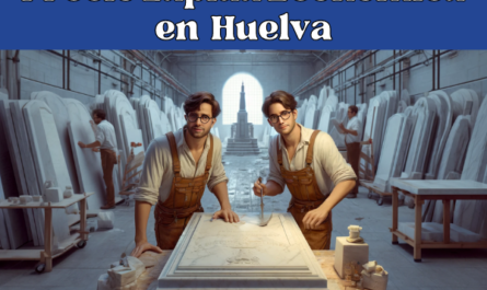 Imagen amplia de un taller de mármol en Huelva, España, donde se elaboran lápidas. La escena muestra a dos atractivos trabajadores varones sin gafas, vestidos con atuendos típicos de la profesión y de la región, como ropa de trabajo duradera y delantales protectores. El taller está lleno de losas de mármol y herramientas para tallar piedra. Al fondo se incluyen pequeños detalles que evocan a Huelva, como un cuadro enmarcado del horizonte de Huelva en la pared. La atmósfera es laboriosa pero meticulosa y captura la esencia de la artesanía experta.