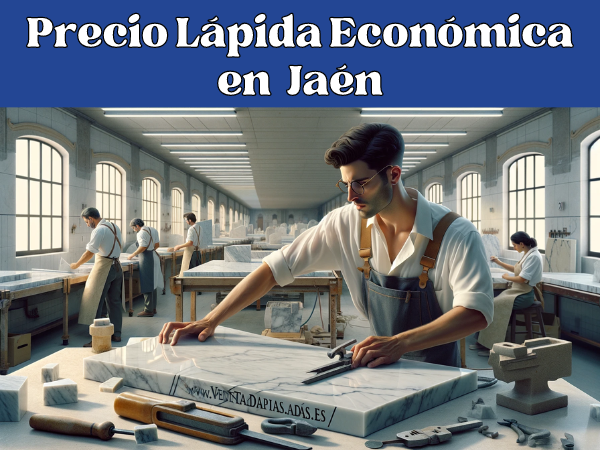 Una imagen de formato amplio que muestra un taller de mármol en Jaén, España, donde atractivos trabajadores elaboran lápidas funerarias. La escena muestra a dos trabajadores, vestidos con el traje profesional típico de la región, trabajando activamente sobre losas de mármol sin gafas. El taller está bien iluminado, con herramientas y piezas de mármol alrededor, lo que brinda una vista realista del proceso de trabajo de la piedra. Sutilmente integrado en la escena hay un pequeño detalle que evoca a Jaén, como un vistazo al lejano Castillo de Santa Catalina. La imagen incluye la URL: https://www.ventadelapidas.es/ en elegante letra, perfectamente integrada en la parte inferior de la escena.