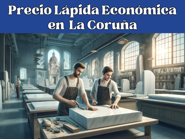 Imagen amplia de un taller de mármol en La Coruña, España, donde se elaboran lápidas. La escena incluye a dos atractivos trabajadores vestidos con ropa de trabajo adecuada para la región (sin gafas). Están concentrados en sus tareas en un taller espacioso y bien iluminado lleno de losas de mármol y herramientas de escultura. El fondo incorpora sutilmente elementos que evocan a La Coruña, como un vistazo a la distintiva arquitectura gallega a través de la ventana de un taller. Esta imagen visualiza un ambiente moderno y profesional, que resuena con la artesanía de la fabricación de lápidas. La descripción de la imagen está en español de España e incluye la URL: https://www.ventadelapidas.es/