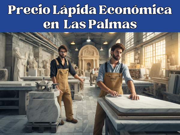 Imagen amplia de un taller de mármol en Las Palmas de Gran Canaria, centrada en la creación de lápidas funerarias. La escena incluye a dos atractivos trabajadores varones vestidos con ropa de trabajo típica de la región (sin gafas). El taller está lleno de actividad y exhibe herramientas y losas de mármol. El diseño interior refleja el estilo local, y un pequeño detalle como una réplica de un conocido monumento de Las Palmas evoca sutilmente la ciudad. La imagen debe dar una sensación de destreza artesanal y atención al detalle típica del entorno de un albañil de mármol.