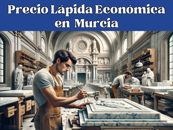 Imagen amplia de un taller de mármol en Murcia, España, donde se elaboran lápidas. El taller es espacioso y bien iluminado y está lleno de herramientas típicas del trabajo de la piedra. Dos atractivos trabajadores varones, vestidos con ropa de trabajo apropiada para la región (mangas cortas y pantalones de trabajo), están concentrados en sus tareas, uno grabando y el otro puliendo una lápida. El fondo presenta sutiles elementos evocadores de Murcia, como una pequeña réplica de la Catedral de Murcia. La imagen incluye la URL 'https://www.ventadelapidas.es/' en la parte inferior de forma discreta, integrada como parte de la señalización del taller.