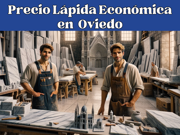 Imagen amplia de un taller de mármol en Oviedo, Asturias, donde se fabrican lápidas. En la escena aparecen dos atractivos trabajadores varones, vestidos con trajes de trabajo típicos de la región, como camisas de trabajo resistentes y delantales, pero sin gafas. El taller está lleno de diversas herramientas y losas de mármol, lo que evoca un ambiente artesanal y ajetreado. Pequeños detalles, como una réplica en miniatura de la Catedral de San Salvador de Oviedo, incorporan sutilmente la esencia de la ciudad. La imagen debe captar la artesanía y el sabor local de Oviedo.