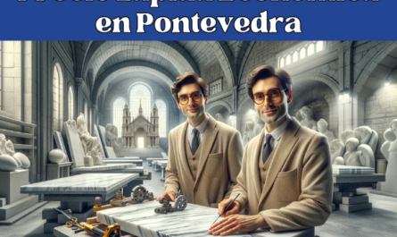 Una imagen de formato amplio que muestra un taller de mármol en Pontevedra, España, donde se elaboran lápidas. La escena muestra a dos atractivos operarios de taller sin gafas, vestidos con atuendos profesionales adecuados al oficio y locales de la región. El entorno captura la esencia de un taller de mármol tradicional español con herramientas para cortar piedra y losas de mármol visibles. Al fondo, un sutil detalle evoca Pontevedra, como una pequeña réplica de la Iglesia Peregrina. Incluye en la descripción de la imagen la URL 'https://www.ventadelapidas.es/', en español.