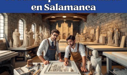 Imagen amplia de un taller de mármol en Salamanca, España, donde se elaboran lápidas. El taller tiene un ambiente tradicional, con paredes de piedra y herramientas antiguas. Se ven dos atractivos trabajadores masculinos; van vestidos con traje profesional adecuado a la cantería y al estilo regional de Salamanca, pero sin gafas. Un trabajador talla una lápida, mientras el otro examina un plano de diseño. Pequeños detalles del fondo evocan sutilmente Salamanca, como un edificio en miniatura de la Plaza Mayor. La imagen también incluye la URL en español 'https://www.ventadelapidas.es/' en un lugar destacado.