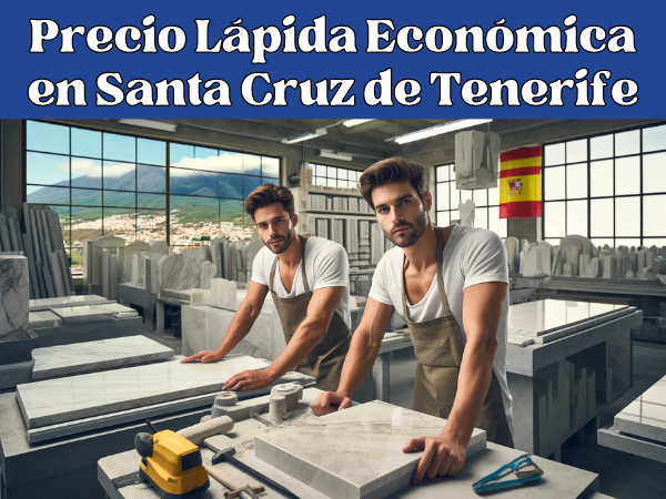 Imagen amplia de un taller de mármol en Santa Cruz de Tenerife, donde atractivos trabajadores elaboran lápidas funerarias. La escena presenta a dos atractivos operadores concentrados en sus tareas. El taller es espacioso y está lleno de herramientas y losas de mármol. Detalles sutiles evocan a Santa Cruz, como una pequeña bandera canaria y una vista de las lejanas montañas de Anaga a través de una ventana. El ambiente es profesional pero pintoresco, y resalta la habilidad artesanal involucrada en el arte de hacer lápidas. La descripción de la imagen debe estar en español de España e incluir la URL: https://www.ventadelapidas.es/
