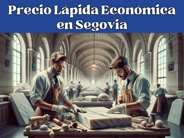 Imagen amplia de un taller de mármol en Segovia, España, donde atractivos trabajadores masculinos elaboran lápidas funerarias. La escena está llena de actividad y muestra a dos trabajadores vestidos con trajes típicos de la profesión y de la región (sin gafas), tallando y puliendo activamente losas de mármol. El taller está bien iluminado y hay herramientas y piezas de mármol esparcidas por todos lados. Pequeños detalles como una vista lejana del Acueducto de Segovia a través de una ventana añaden un toque local. Incluye la URL en español 'https://www.ventadelapidas.es/' en la esquina inferior de la imagen en una fuente elegante y sutil.