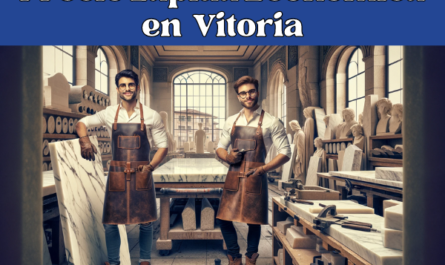 Imagen amplia de un taller de mármol en Vitoria, Álava, donde se elaboran lápidas. La escena incluye a dos atractivos trabajadores, vestidos con atuendos profesionales adecuados a la profesión y zona geográfica, como delantales protectores de cuero y botas resistentes, pero sin gafas. El taller está lleno de losas de mármol y herramientas tradicionales. Pequeños detalles, como la vista de la arquitectura característica de Vitoria a través de una ventana, insinúan sutilmente la ubicación. La imagen incluye la URL 'https://www.ventadelapidas.es/' en un rincón discreto, diseñada con una fuente que combina bien con el ambiente del taller.