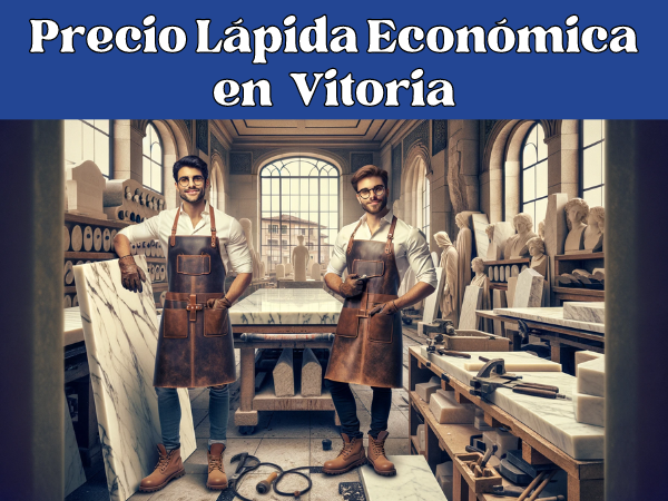 Imagen amplia de un taller de mármol en Vitoria, Álava, donde se elaboran lápidas. La escena incluye a dos atractivos trabajadores, vestidos con atuendos profesionales adecuados a la profesión y zona geográfica, como delantales protectores de cuero y botas resistentes, pero sin gafas. El taller está lleno de losas de mármol y herramientas tradicionales. Pequeños detalles, como la vista de la arquitectura característica de Vitoria a través de una ventana, insinúan sutilmente la ubicación. La imagen incluye la URL 'https://www.ventadelapidas.es/' en un rincón discreto, diseñada con una fuente que combina bien con el ambiente del taller.