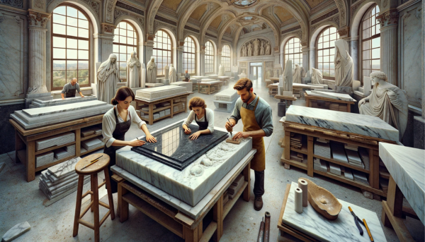 Una imagen amplia de un taller de mármol en Zamora, España, donde se elaboran lápidas. La escena muestra un taller espacioso, bien iluminado, con grandes ventanales y detalles arquitectónicos tradicionales españoles. Dos atractivos trabajadores, un hombre y una mujer, están concentrados en sus tareas. El trabajador graba una lápida mientras la trabajadora pule otra. El fondo presenta pilas de losas de mármol y varias herramientas para trabajar la piedra. Esta descripción detallada da una idea de la artesanía involucrada en la creación de estos monumentos.