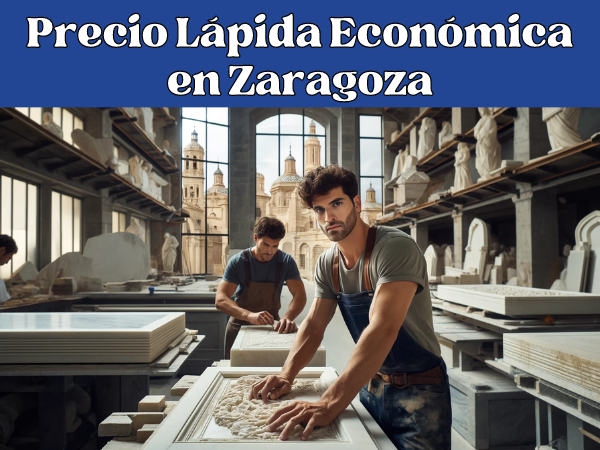 Imagen amplia de un taller de mármol en Zaragoza, España, donde se elaboran lápidas. La escena está llena de actividad y presenta a dos trabajadores atractivos, cada uno concentrado en sus tareas. Uno está esculpiendo detalles en una lápida de mármol, mientras el otro revisa los planos de diseño sobre una mesa. El taller está lleno de herramientas y losas de mármol, lo que refleja un ambiente profesional y ajetreado. La arquitectura tradicional de Zaragoza se insinúa a través de los grandes ventanales en forma de arco del taller. En la descripción de la imagen incluir la URL: https://www.ventadelapidas.es/